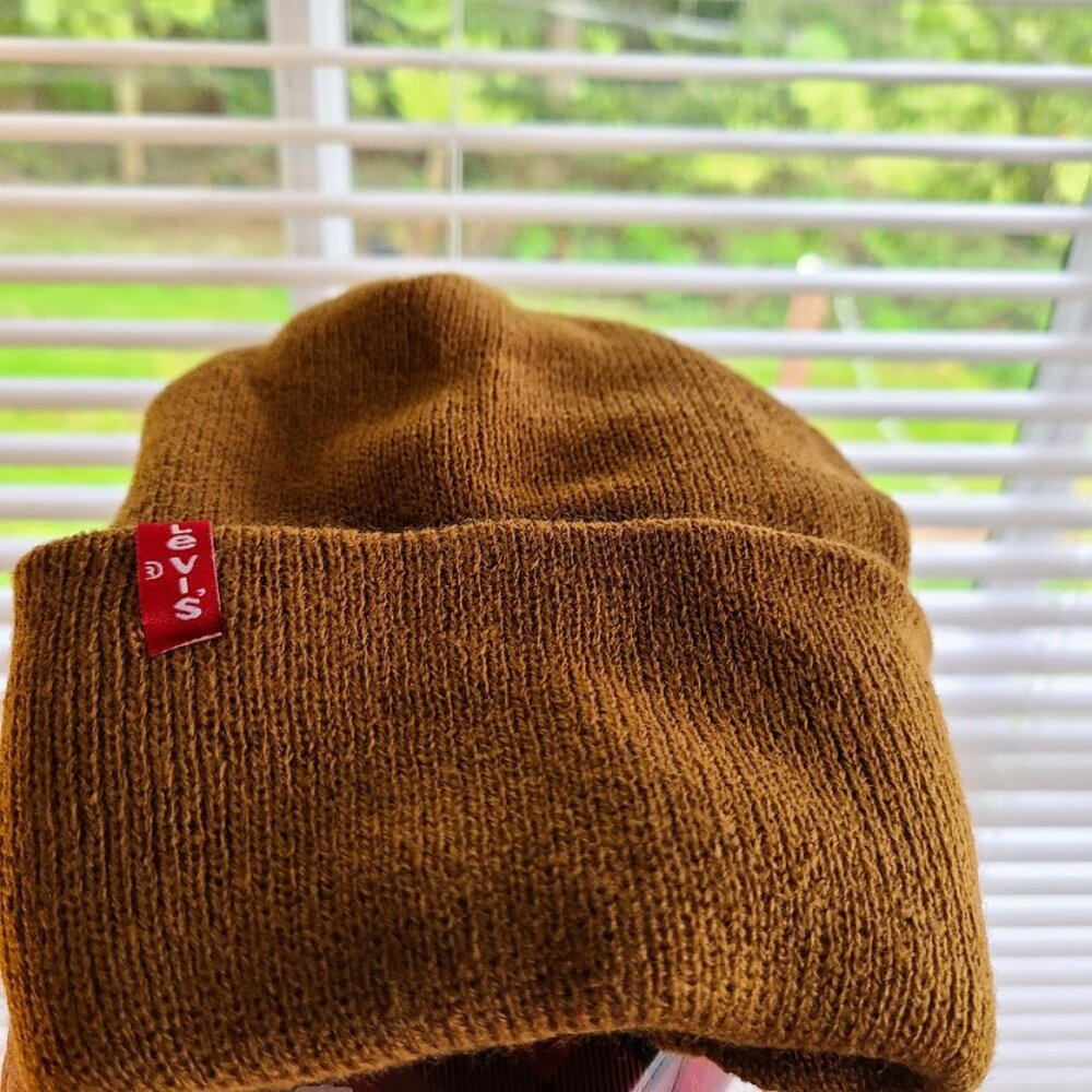 Brown Knit Beanie Mens Womens Winter Levis Sock Hat One Size Ribbed Tan Unisex - Picture 10 of 12